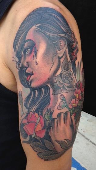 Tattoos - color traidtional girl portrait with roses tattoo, Gary Dunn Art Junkies Tattoo - 78647